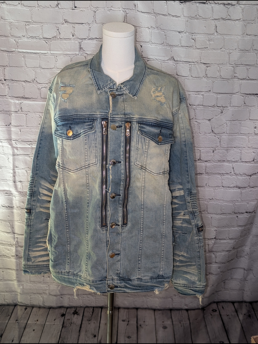 Rockstar Original Distressed Light Blue Denim Jacket with Vertical Zippers XL